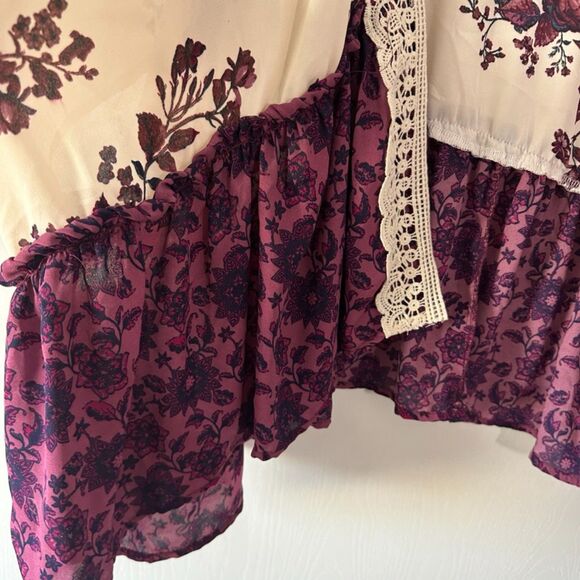 Stella Tweed Sheer Mixed Burgundy Floral Kimono Cover Up Cream Plum Size Medium - Picture 3 of 7
